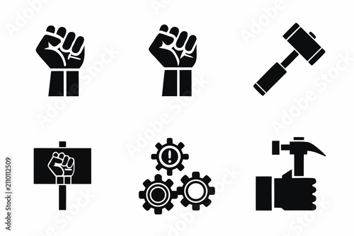 Tableau sur toile Labor And Protest Silhouette Icons On White Background Solidarity And Activism