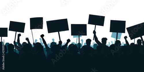 Принти на полотні Crowd Silhouette With Raised Hands And Signs Against A White Background