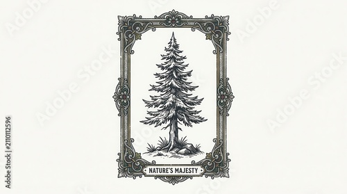 Vintage Pine Tree Illustration in Ornate Frame, Nature's Majesty