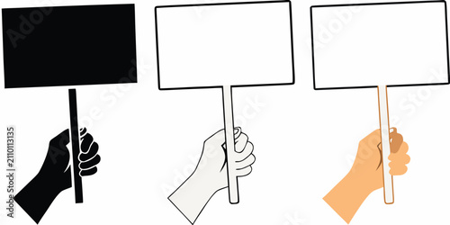 Foto Hands Holding Blank Rectangular Signs In Three Different Color Schemes