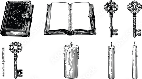Antique keys and lit candles arranged with an open book and closed chest for historical or mystery concepts