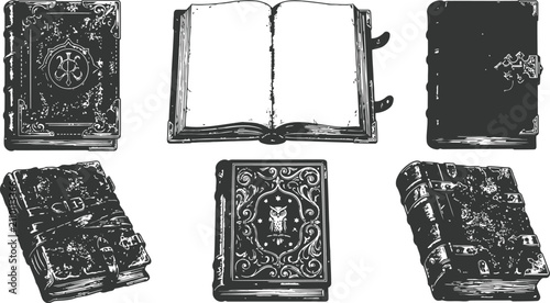 Foto Antique leather bound books arranged with an open blank page manuscript during a