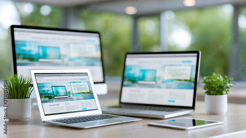Fototapeta premium Multiple devices displayed on a workspace showing a responsive online shop website design, e-commerce web development concept, with copy space