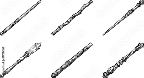 Collection of six magical wands arranged in a grid against a white background with artistic line drawings