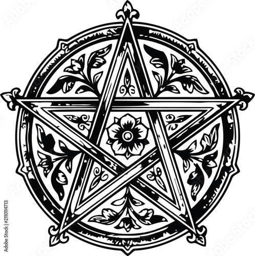 Canvas Print Ornate pentagram symbol with floral embellishments in a circular frame against a