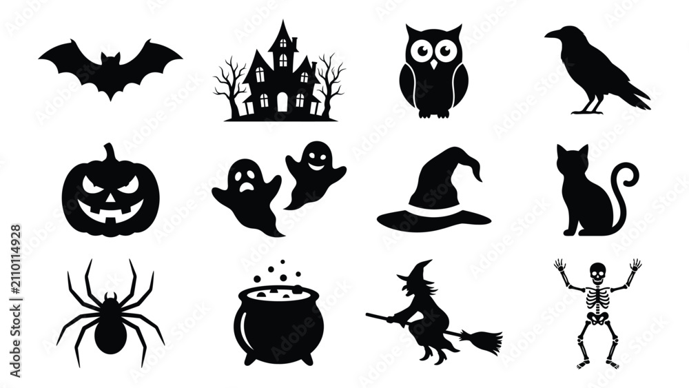Obraz premium Set of twelve black silhouette icons representing traditional halloween themed characters