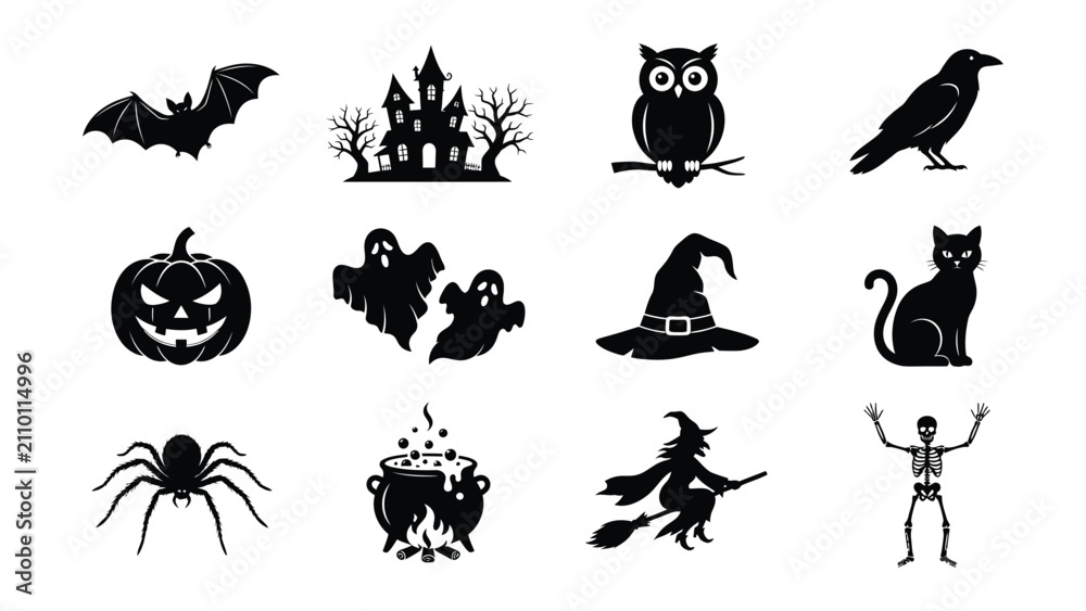 Obraz premium Set of twelve black silhouette icons representing traditional spooky halloween symbols