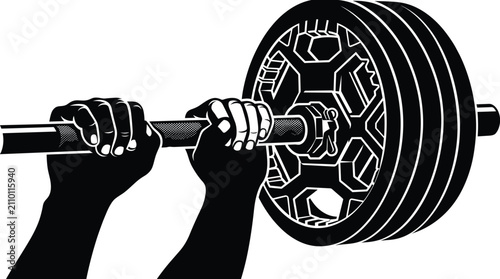 Foto Muscular hands gripping heavy barbell with weight plates vector illustration for
