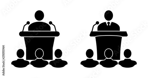 Foto Iconographic representation of two distinct public speaking events, each featuri