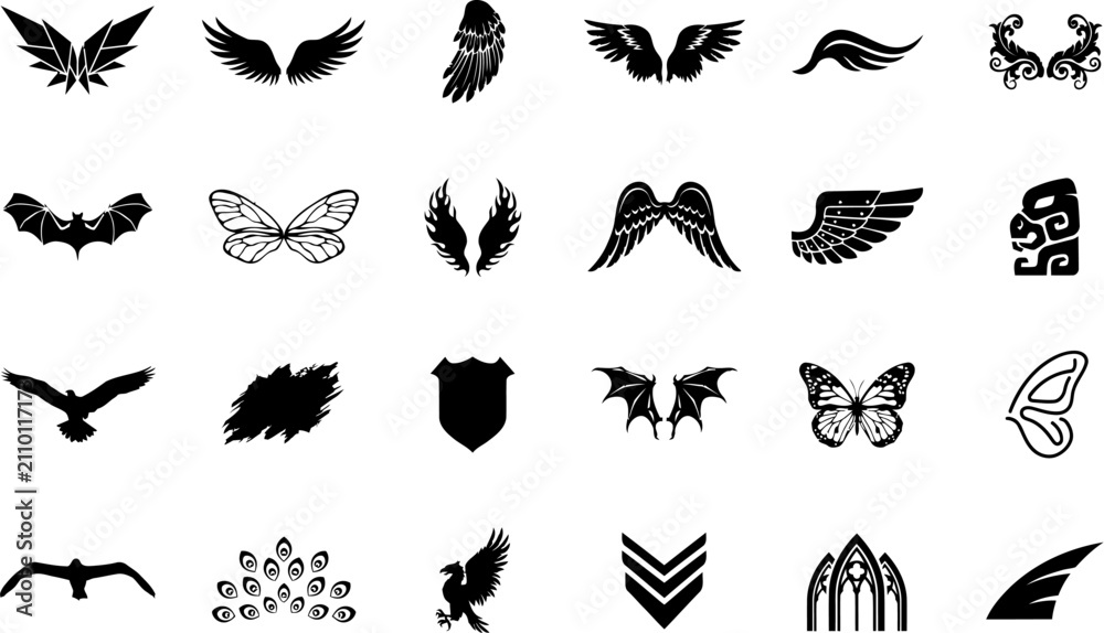 Fototapeta premium Collection of various black silhouette wing icons and bird wing shapes for graphic design projects