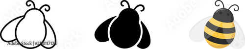 Set of cute bee illustrations showing outline silhouette and colored cartoon style icons on white background