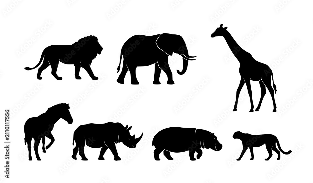 Fototapeta premium African Wildlife Silhouette Vector Pack with Iconic Safari Animals on White