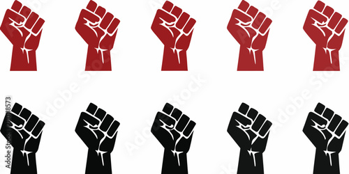 Raised fist silhouettes in red and black a flat vector illustration set