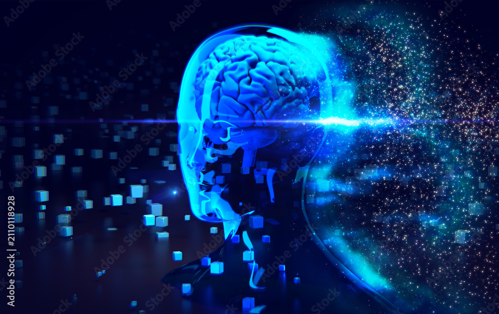 Fototapeta premium Abstract glowing blue human brain dissolving into particles.