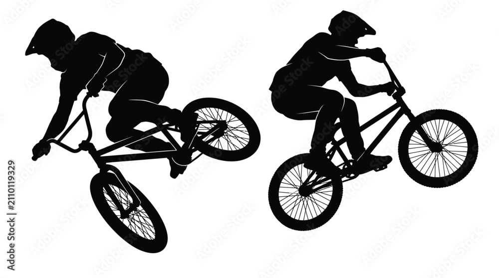 Obraz premium Two black silhouettes of adventurous bmx riders performing high flying stunts on white studio backgrounds 
