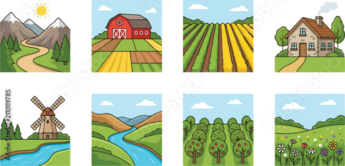 Foto Countryside landscape vector illustrations featuring mountains, barn, crop field