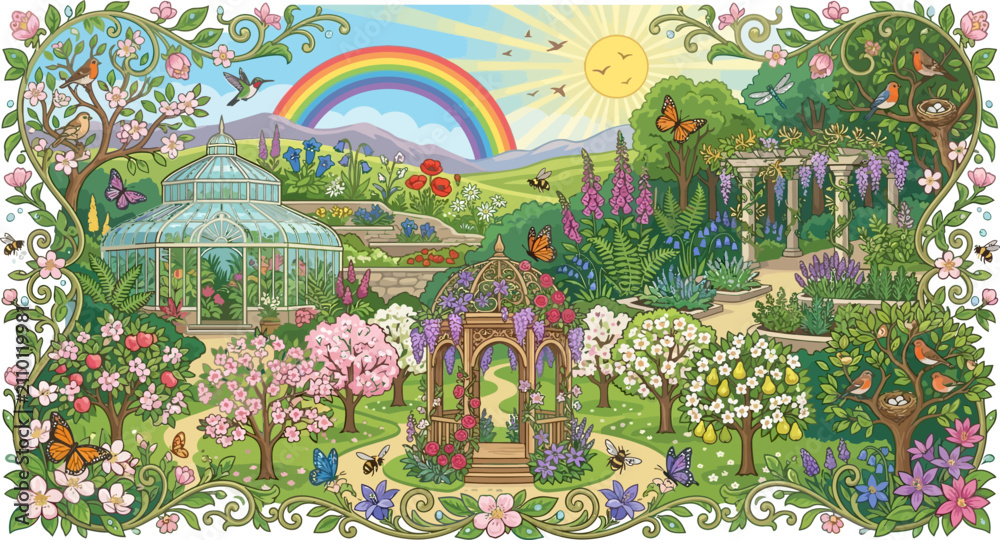 Obraz premium Garden landscape features a blooming gazebo and glass greenhouse under a bright rainbow sky.