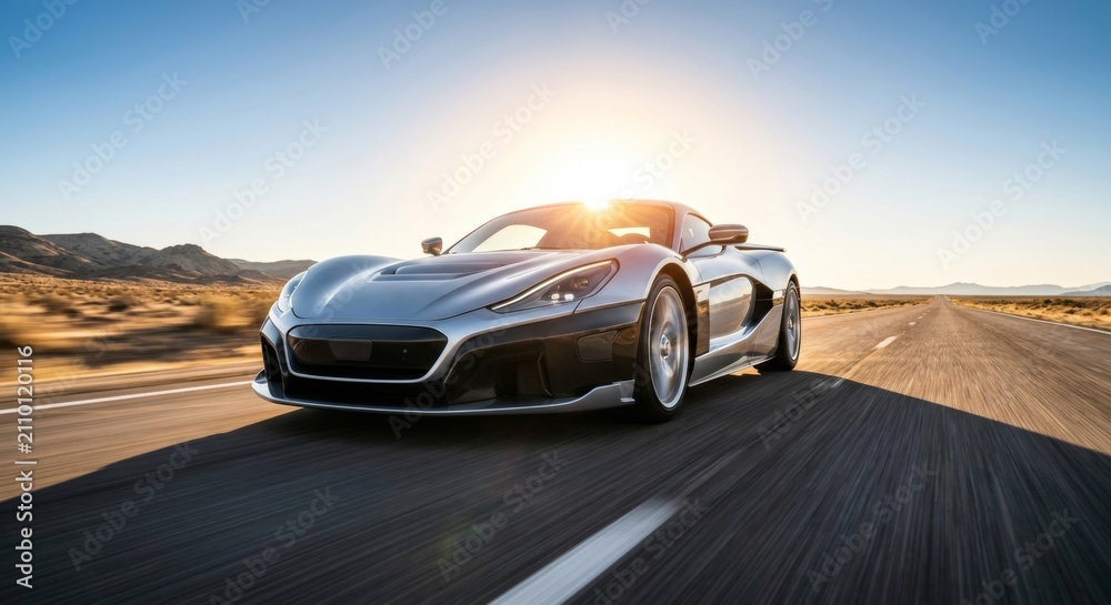 Fototapeta premium Silver electric hypercar driving through the desert at sunset