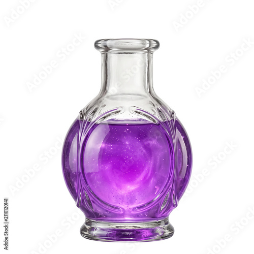 Magic potion bottle with purple sparkling liquid glowing glass flask with cosmic swirling dust mystery elixir fantasy object isolated on transparent background graphic.