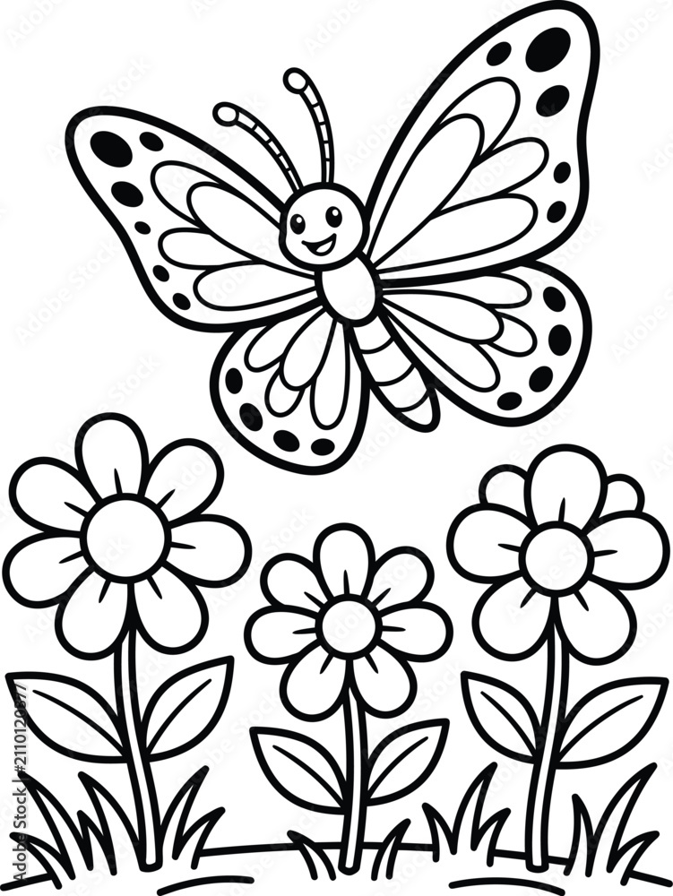 Obraz premium Cute cartoon butterfly flying above a garden of simple spring flowers for children coloring page activity