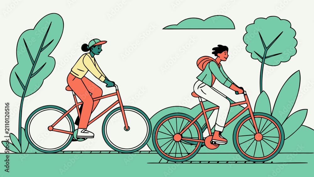 Obraz premium Young couple riding bicycles together in green park with trees and plants, outdoor cycling, active lifestyle and recreation concept