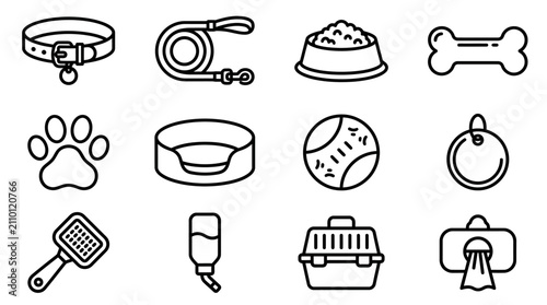 Bild auf Leinwand Dog Pet Care Icons Set: Collar, Leash, Food Bowl, Bone, Paw Print, Bed, Ball, Ta