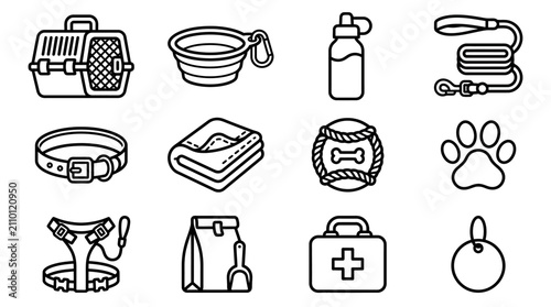 Tableau sur toile Pet Care Icons: Travel Carrier, Food Bowl, Water Bottle, Leash, Collar, Toy, Paw