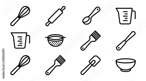 Bild auf Leinwand Baking Utensils Collection: Whisk, Rolling Pin, Spatula, Measuring Cups, Bowl, S