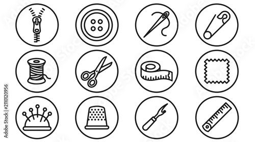 Quadro su tela Sewing Icons: Zipper, Button, Needle, Pin, Thread, Scissors, Tape Measure, Fabri