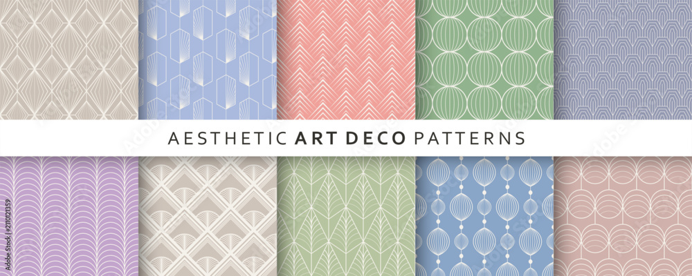 Obraz premium Vector luxury soft pastel seamless patterns collection. Elegant geometric art deco background templates set with creative vintage ornament for trendy beauty wrapping paper print