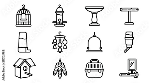 Photos Bird Accessories Icons Set: Cage, Feeder, Bath, Perch, Carrier, Birdhouse, Water