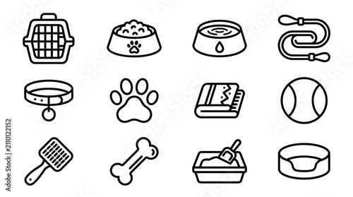 Schilderij op canvas Pet Care Icons: Carrier, Food Bowl, Water Dish, Leash, Collar, Paw Print, Towel,