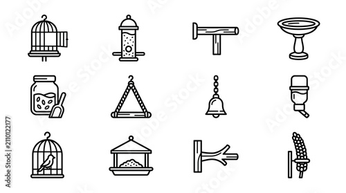 Bild auf Leinwand Bird Feeding Station Icons: Cage, Feeder, Bath, Waterer, Food Jar, Swing