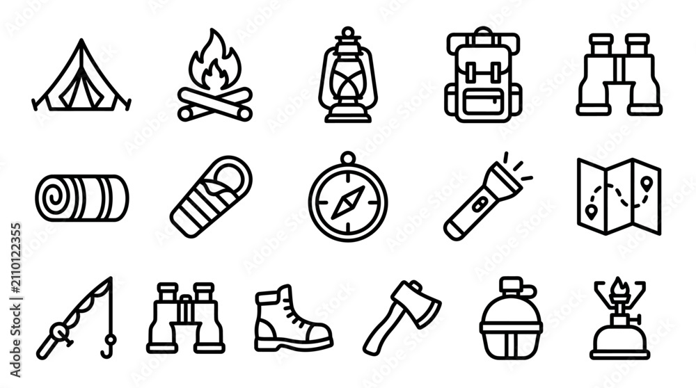 Fototapeta premium Camping and Hiking Icons: Tent, Fire, Lantern, Backpack, Binoculars, Map, Axe