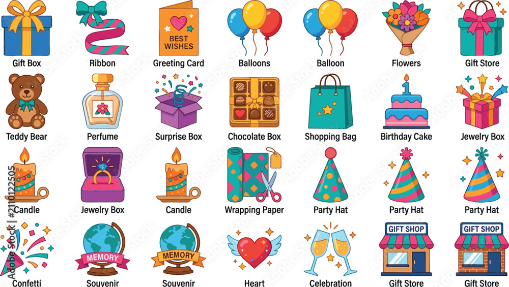 Fototapeta premium Birthday Party and Celebration Vector Icon Set Gift Boxes Balloons Cake Teddy Bear Present Store Graphic Elements for Greeting Card Designs