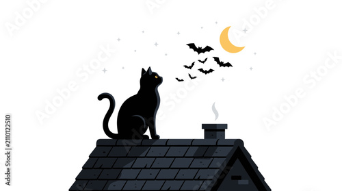 Black cat sitting on rooftop looking at bats and crescent moon in night sky