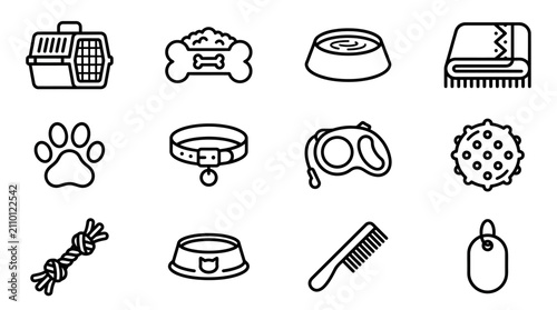 Tableau sur toile Pet Care Icons: Carrier, Food Bowl, Bone, Toy, Collar, Leash, Comb, Towel, Paw P