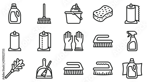 Foto Cleaning Supplies Icons: Broom, Mop, Bucket, Sponge, Paper Towels, Gloves, Brush
