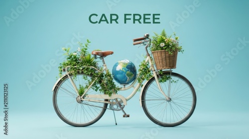 A vintage bicycle decorated with lush green plants and a globe representing the environmental initiative for world car free day on a soft blue background