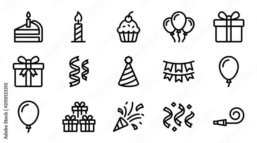 Fototapeta premium Birthday Icons Set: Cake, Candles, Balloons, Gifts, Party Hats, Confetti