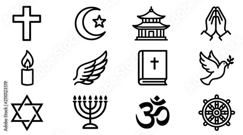 Tableau sur toile Diverse Religious Symbols Icons Collection: Christianity, Islam, Buddhism, Judai