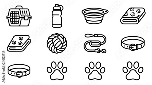 Photos Pet Care Accessories Icons: Carrier, Bowl, Leash, Collar, Toys, Towel, Water Bot