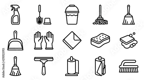 Foto Cleaning Tools Icons Set: Spray bottle, brushes, bucket, mop, broom, gloves, spo