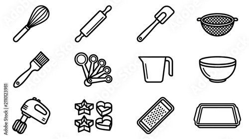 Foto Baking Utensils Collection: Whisk, Rolling Pin, Spatula, Sieve, Mixer, Molds, Gr