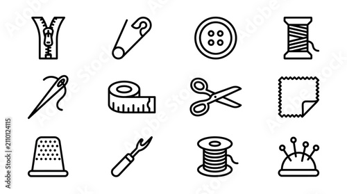 Konstfotografi Sewing and Tailoring Icons: Zipper, Scissors, Thread, Needle, Button, Thimble, T