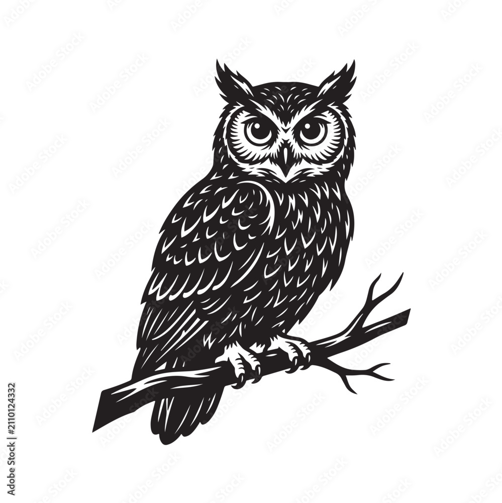 Obraz premium Minimalist black owl silhouette illustration perched on tree branch isolated on white background with silhouette