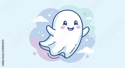 a friendly ghost floating with waving arms, simple bold shape, isolated on white background, printable Halloween graphic