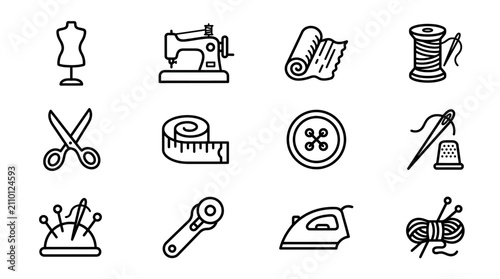 Foto Sewing Icons Set: Tailor's Dummy, Machine, Fabric, Thread, Scissors, Tape Measur