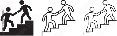 People helping each other climb stairs icons set showing teamwork support and career growth in vector style
