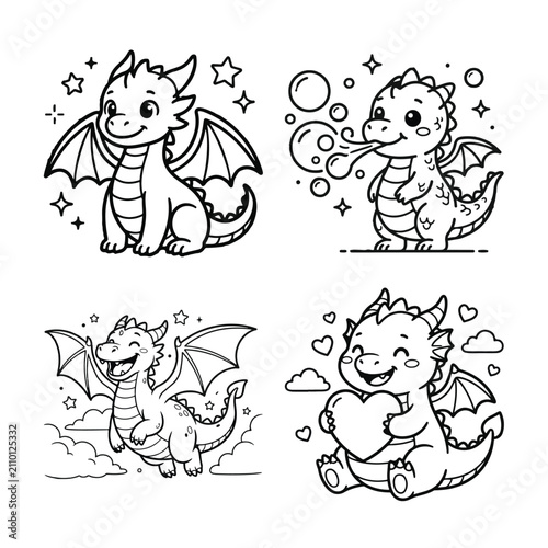 Set of cute baby dragon coloring page illustrations for children featuring magical creatures and hearts
